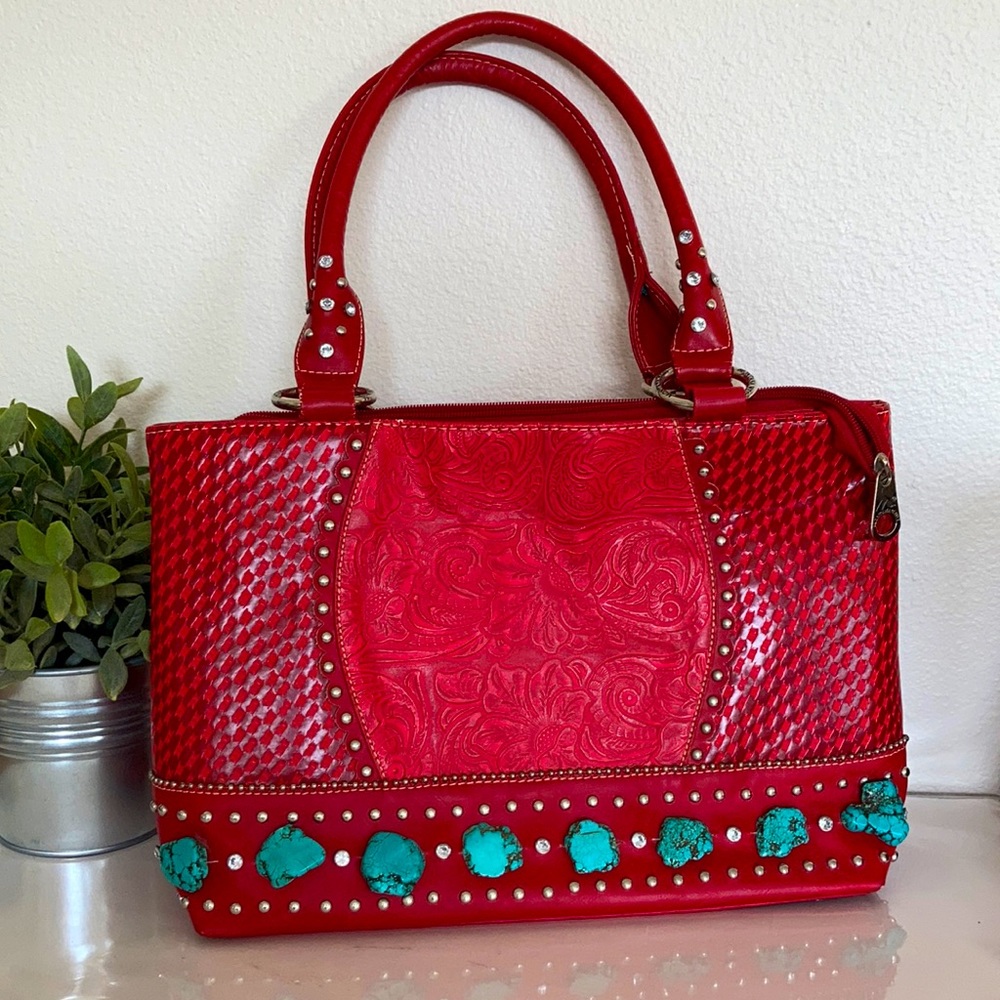 Montana West Red Leather purse with turquoise
